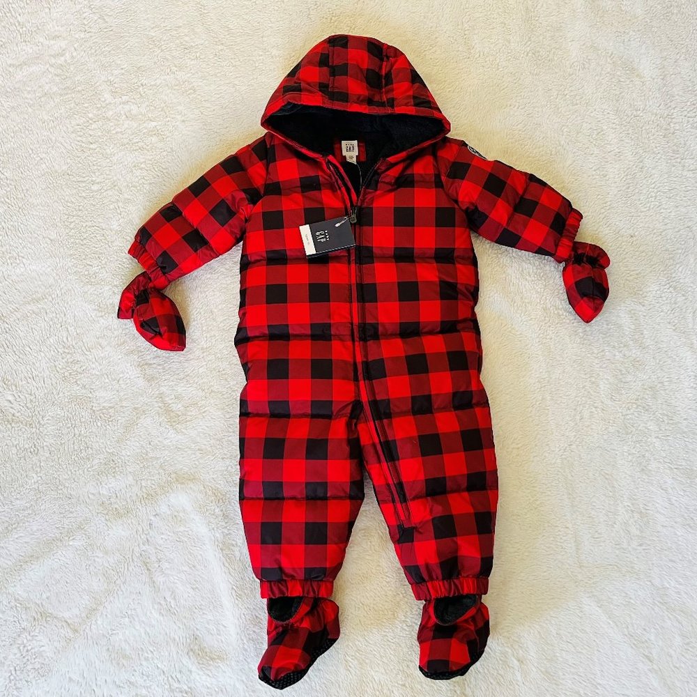 GAP Red Black Buffalo Plaid Puffer Down Filled Fleece Lined Snowsuit 12-18M